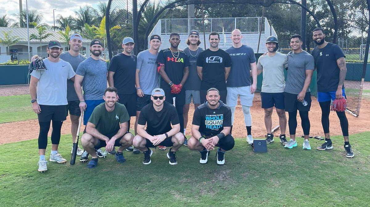 Miami Marlins players after their workout session on Thursday, Feb. 10, 2022