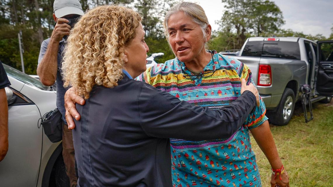 U.S. Representative Debbie Wasserman Schultz is greeted by Miccosukee tribe member Betty Osceola after touring Alligator Alcatraz. The facility is located within the Florida Everglades, 36 miles west of the central business district of Miami, in Collier County, Florida Saturday, July 12, 2025.