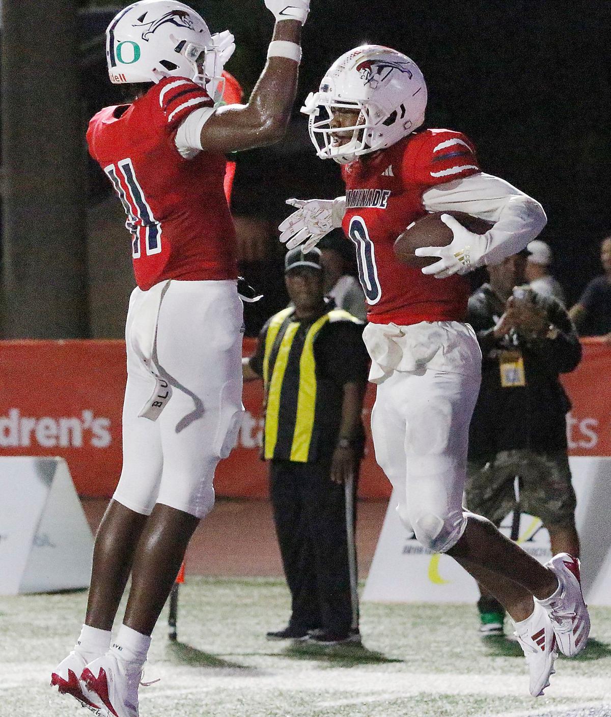 Chaminade-Madonna wide receiver Jabary Brady (0) celebrates a touchdown against California St. John Bosco during football game on Saturday, August 24, 2024 at St. Thomas Aquinas HS in Fort Lauderdale. Andrew Uloza / for Miami Herald