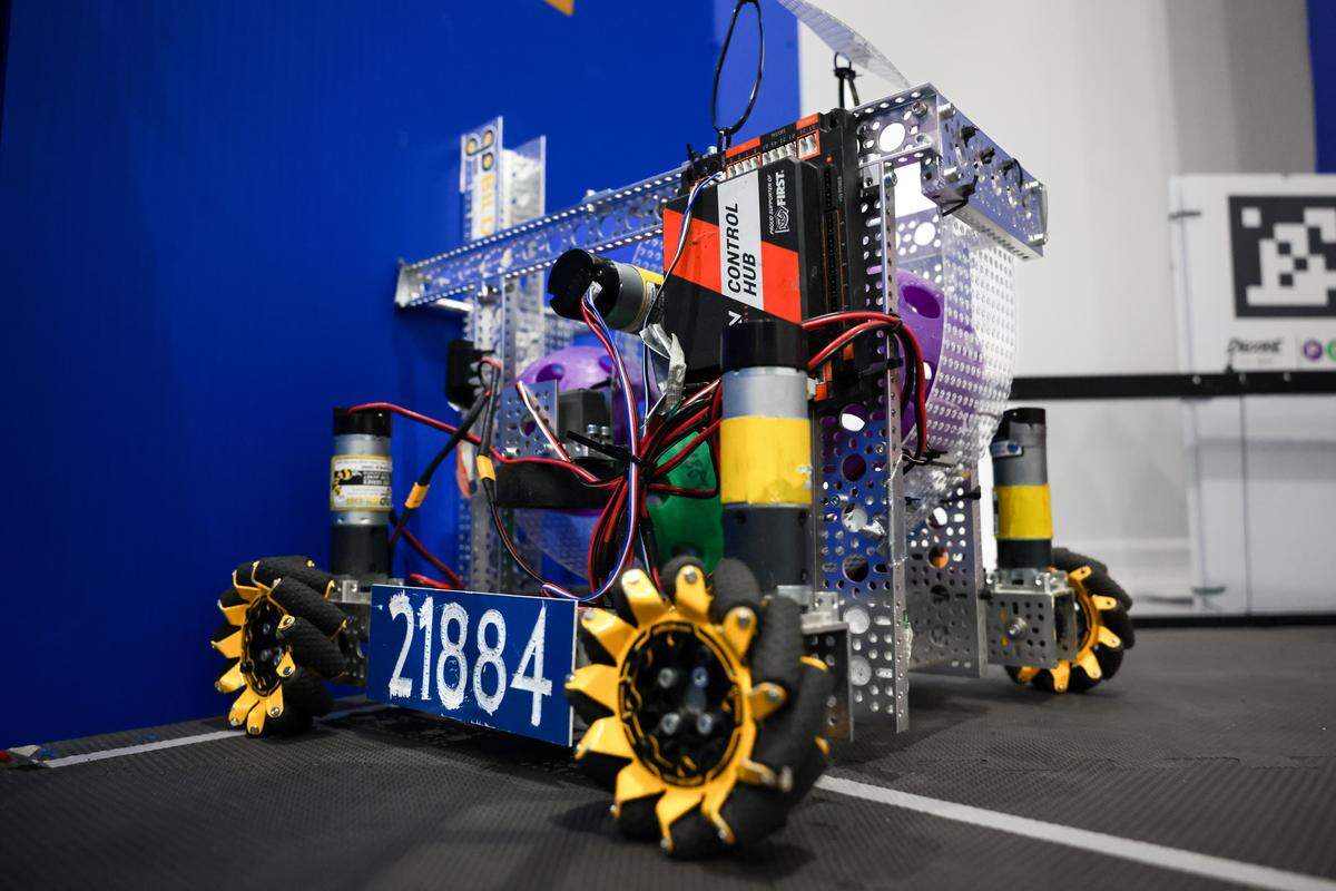 A robot built by members of the Cyber Spartans robotics team at at Miami Country Day School is displayed at the Garner Center for Innovation at 601 NE 107th St., on Monday, March 2, 2026, in Miami, Fla.