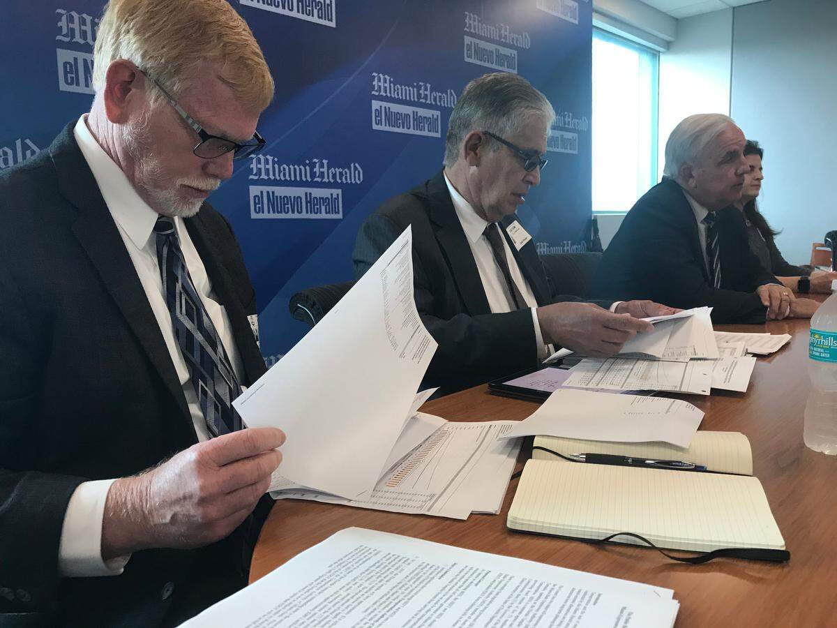 Miami-Dade Mayor Carlos Gimenez, third from left, pitches his toll plan before the Miami Herald Editorial Board on Thursday, March 28, 2019. He’s flanked by financial aides (left to right): Randy Topel, a county consultant and managing director at Hilltop Securities; Ed Marquez, a deputy mayor and Miami-Dade’s chief financial officer; and Jennifer Moon, the county’s budget director.