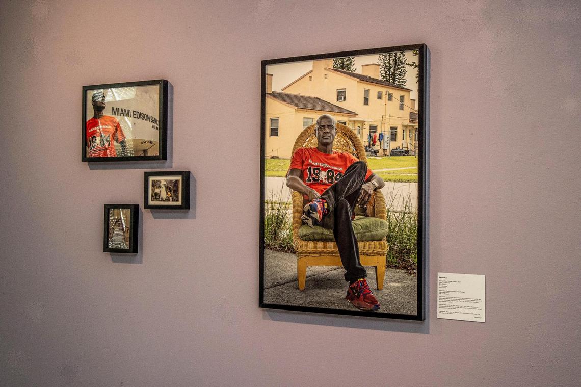 Portraits of Ned Nottage by artist Woosler Delisfort, part of the exhibit “Give Them Their Flowers:” An Exhibit of Black LGBTQ+ Miami History “ curated by Nadege Green and Marie Vickles, on display at the Gallery at the Little Haiti Cultural Center.
