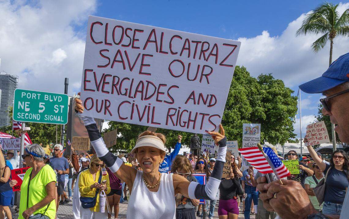 Monica Tracy protesting Alligator Alcatraz, an immigration detention facility in the Florida Everglades, during the ‘No Kings’ anti-Trump protest in downtown Miami. 