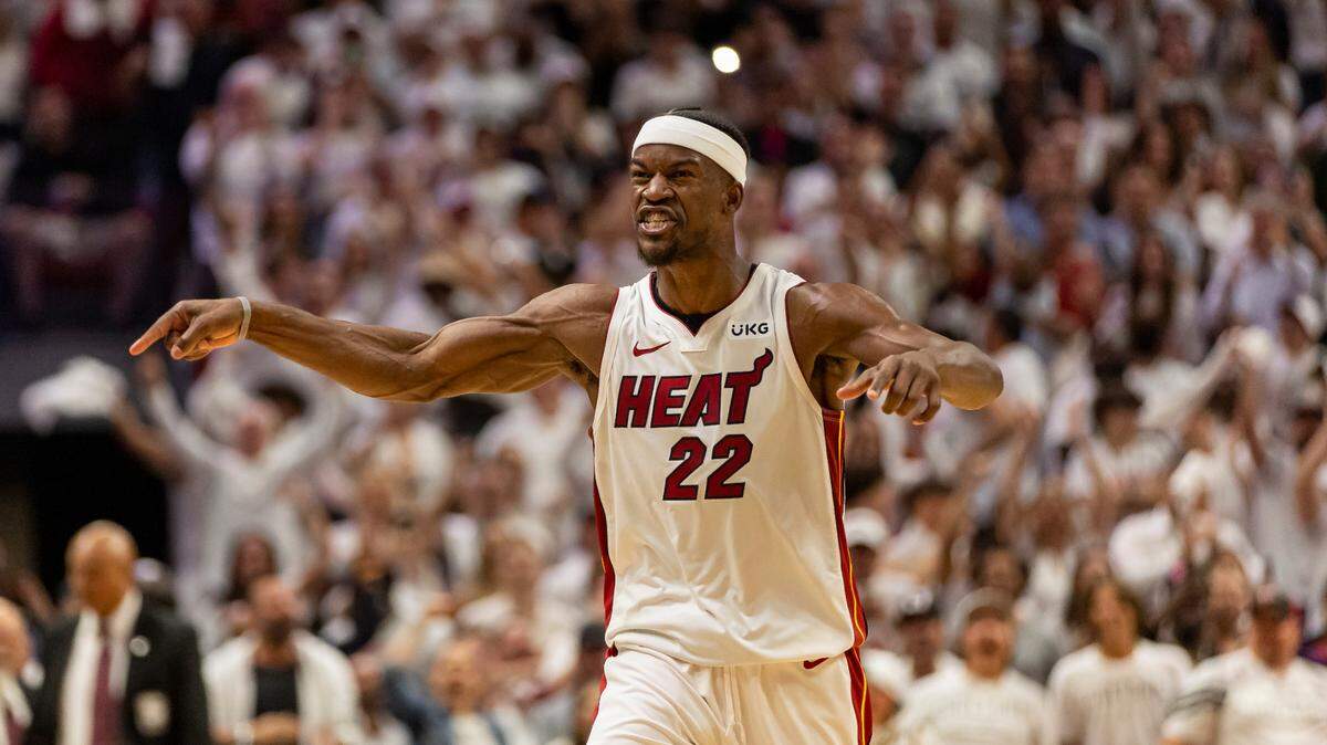 Miami Heat forward Jimmy Butler (22) reacts after scoring against the Milwaukee Bucks during the fourth quarter of Game 4 in the first-round NBA basketball playoff series at the Kaseya Center on Monday, April 24, 2023, in downtown Miami, Fla.