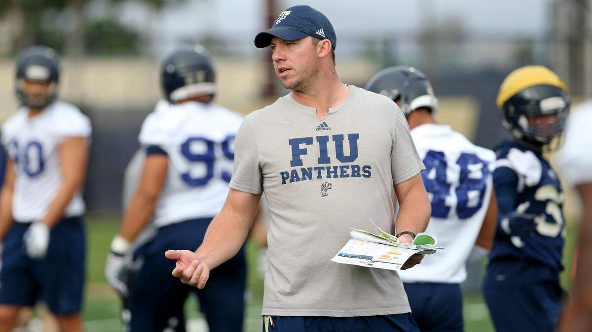 FIU Panthers Cornerbacks coach Bryn Renner looks on during spring football practice at Florida International University on Wednesday, March 20, 2019 in Miami.