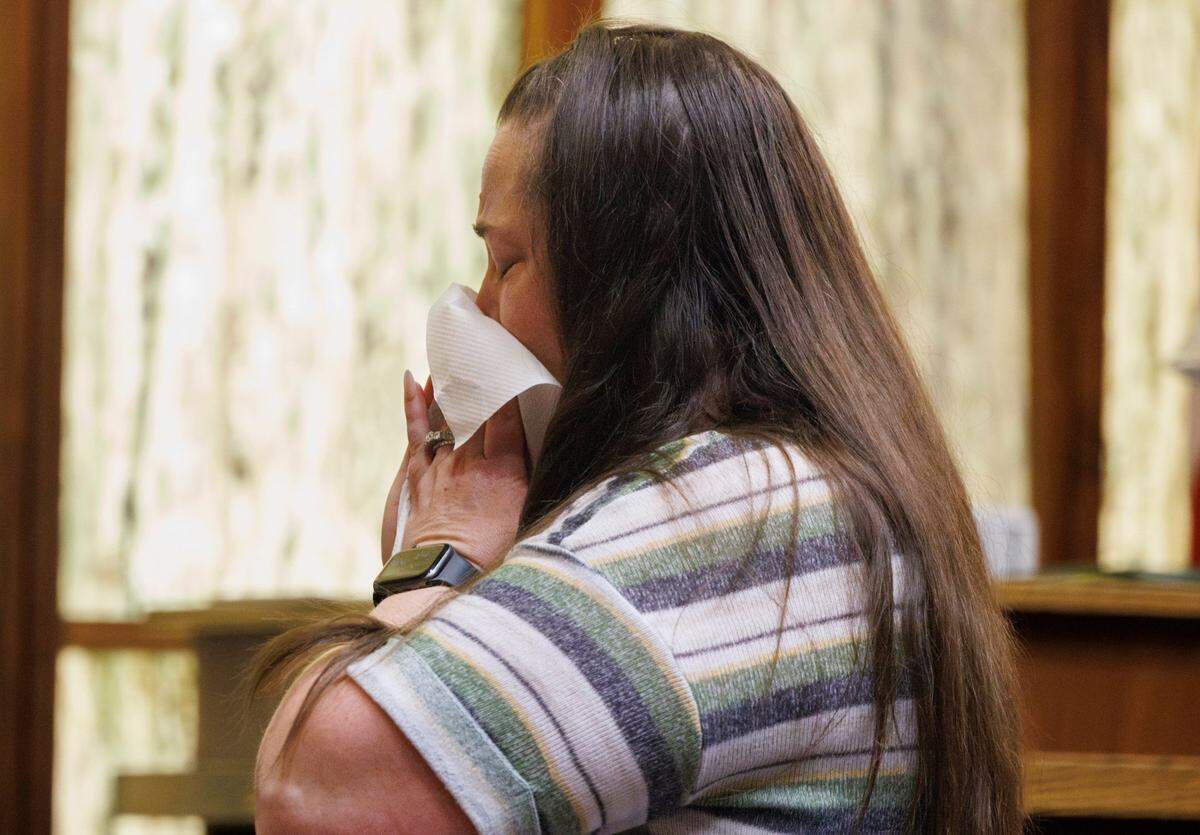 Witness, friend and neighbor of Luis Miguel Perez reacts to surveillance footage showing the shooting of Perez during Anthawn Ragan’s murder trial in Miami-Dade criminal court, Monday, March 31, 2025. The state is seeking the death penalty.