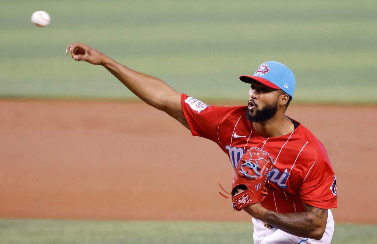 Miami Marlins starting pitcher Sandy Alcantara throws during the first inning of a baseball game against the Washington Nationals, Sunday, June 27, 2021, in Miami.