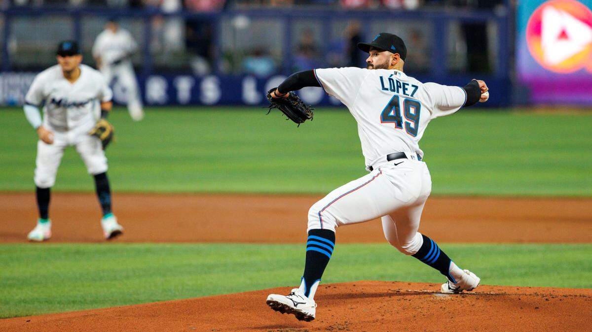 Miami Marlins starting pitcher Pablo Lopez (49) pitches during the first inning of a baseball game against the Washington Nationals at LoanDepot Park on Wednesday, May 18, 2022 in Miami, Florida..