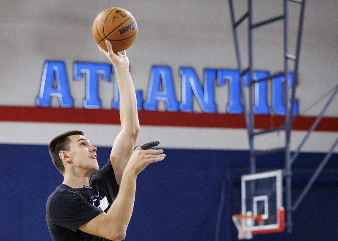 Vladislav Goldin (50), former player at FAU, shoots the ball during the second day of Miami Heat Training Camp on Oct. 1, 2025, at Florida Atlantic University in Boca Raton.
