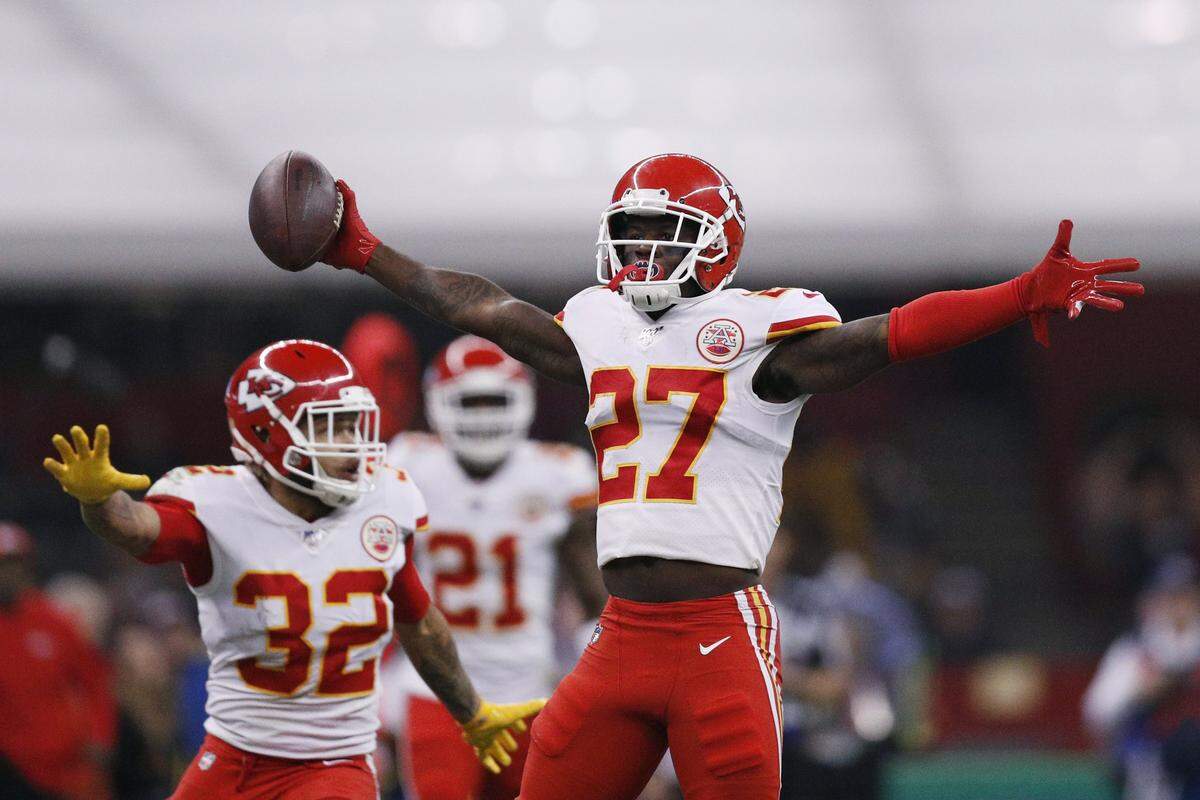 Kansas City Chiefs defensive back Rashad Fenton (27) reacts after an interception during the second half of an NFL football game Monday, Nov. 18, 2019, in Mexico City. (AP Photo/Rebecca Blackwell)
