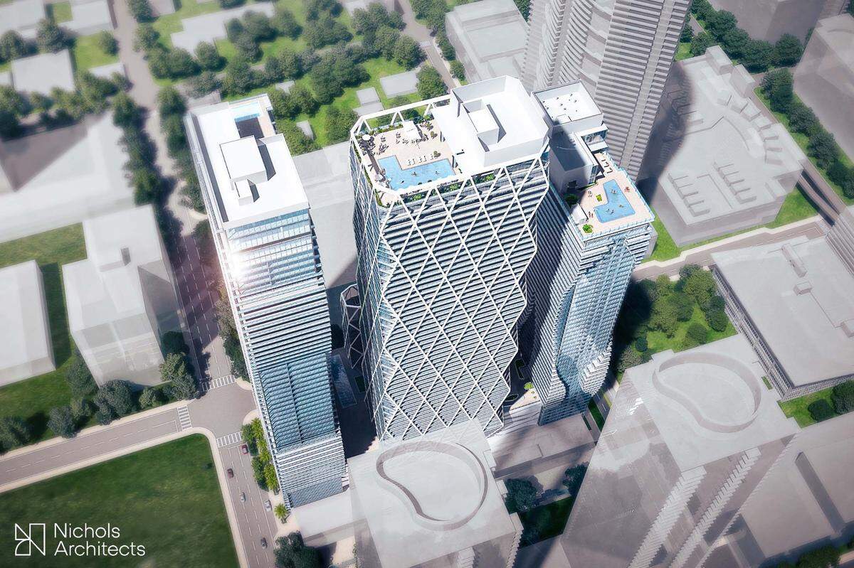 The development, pictured above in a rendering, including just over 2,000 apartment rentals.