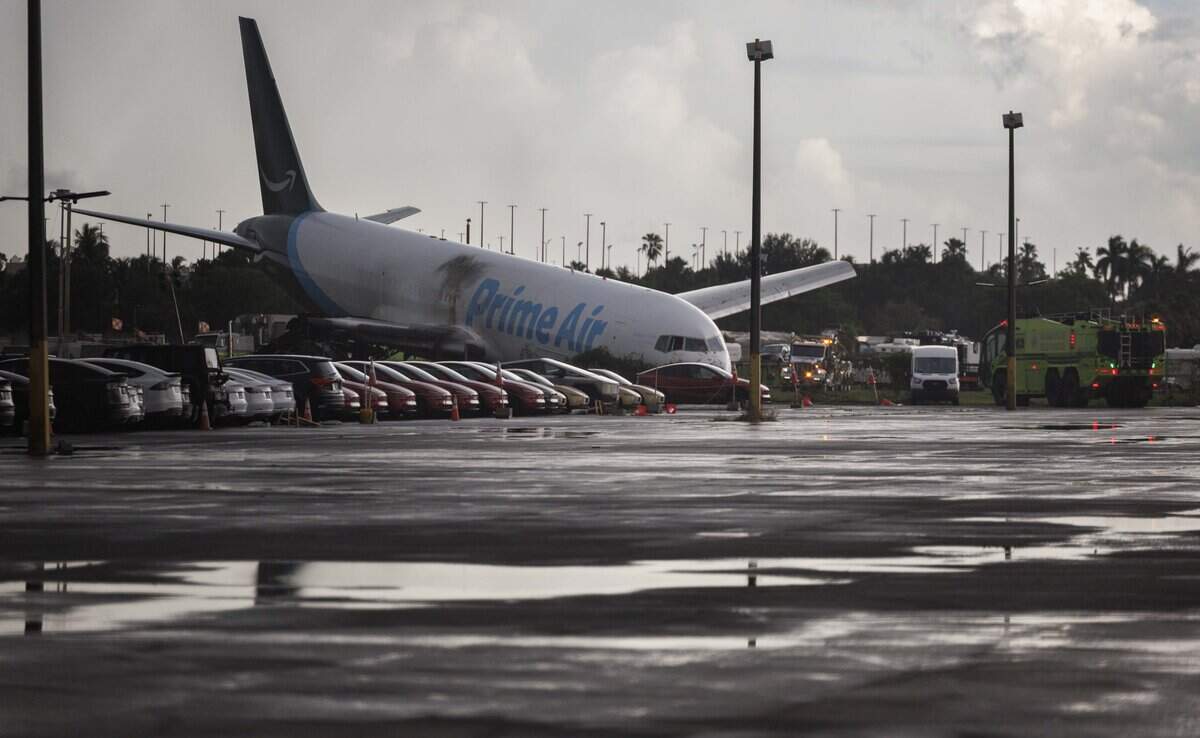 The Amazon Prime Air Boeing 767 that crashed at Miami International Airport is shown on Monday, Sept. 7, 2026.