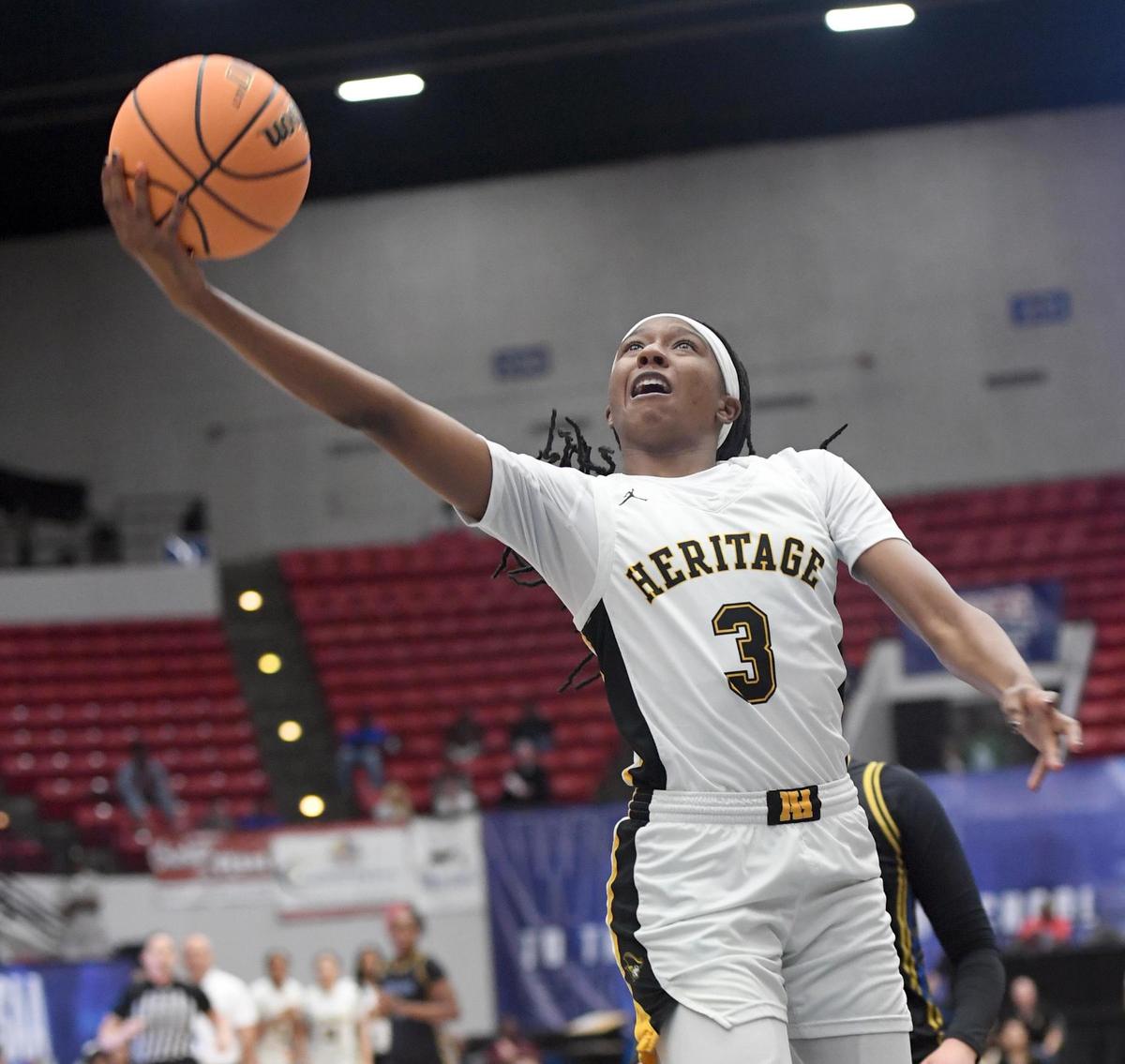 American Heritage’s Tyra Blue (3) shoots against Mainland in the Class 5A final during the Florida High School State Championships at the RP Funding Center in Lakeland, Fl on Friday March 8, 2024. American Heritage defeated Mainland 60-55 to win the Class 5A State Title. Scott Wheeler | Photo