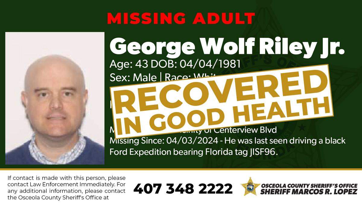 Deputies with the Osceola Sheriff’s Department say they found George Riley, Jr. at the B Resort and Spa in Lake Buena Vista after his family reported him missing.