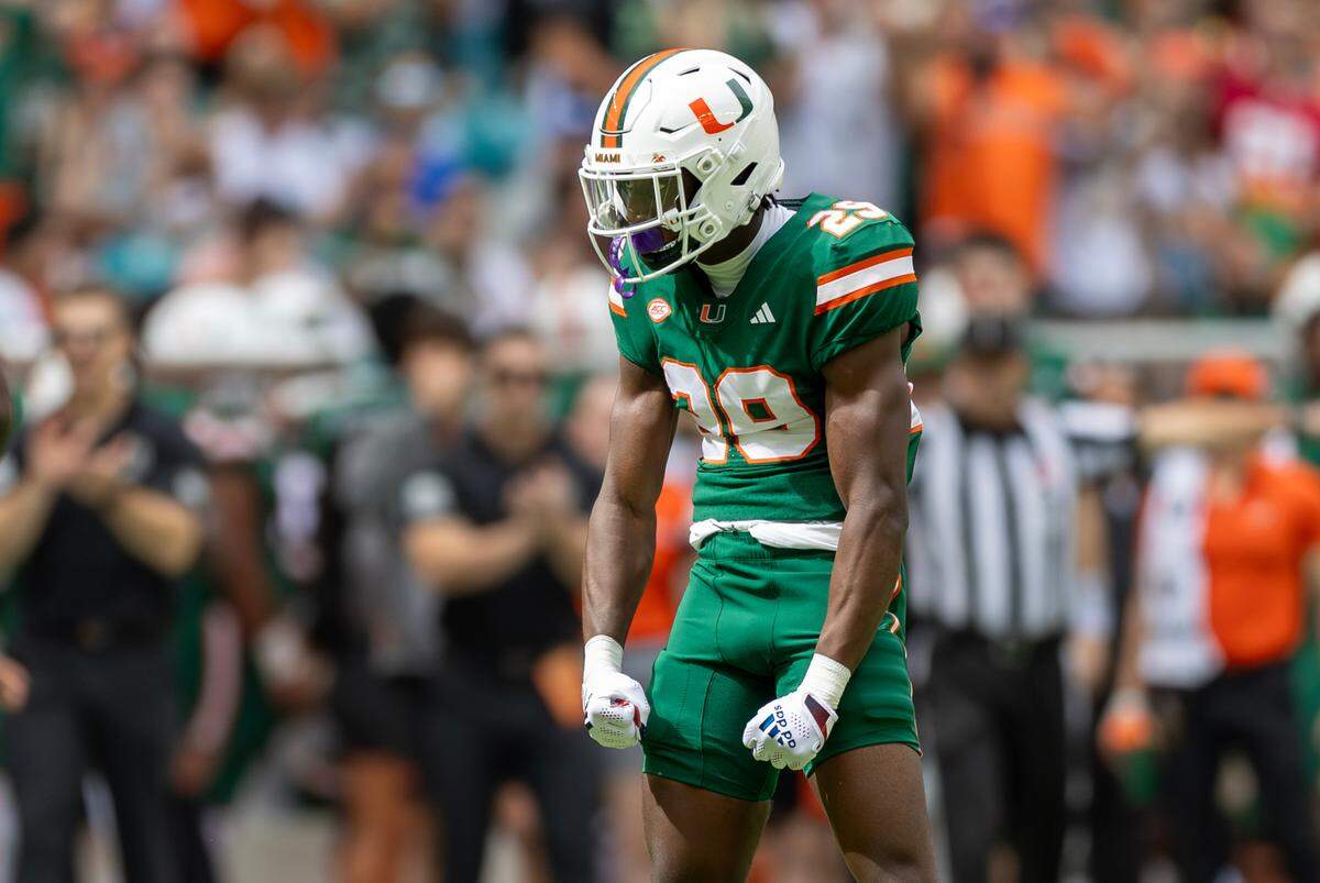 Miami Hurricanes defensive back OJ Frederique Jr. (29) reacts after a play during the first half of an ACC football game against the Duke Blue Devils at Hard Rock Stadium on Saturday, Nov. 2, 2024, in Miami Gardens, Fla.