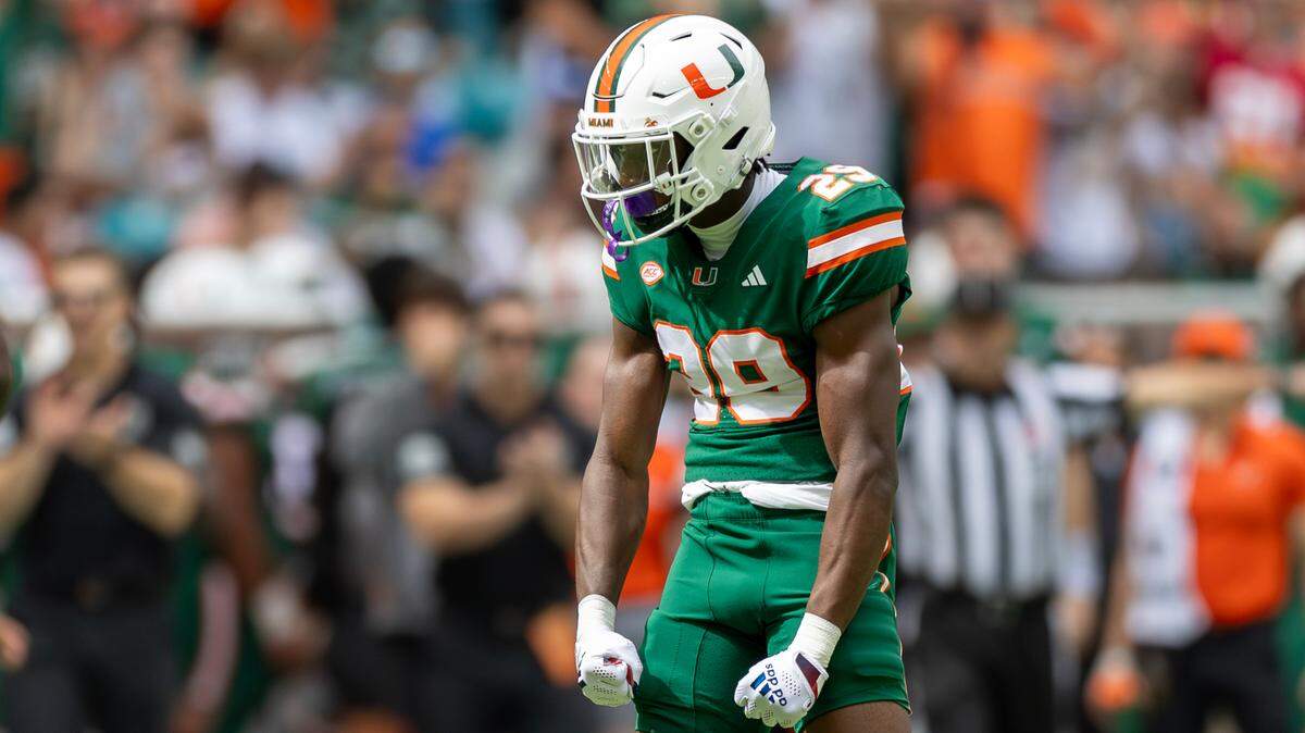 Miami Hurricanes defensive back OJ Frederique Jr. (29) reacts after a play during the first half of an ACC football game against the Duke Blue Devils at Hard Rock Stadium on Saturday, Nov. 2, 2024, in Miami Gardens, Fla.