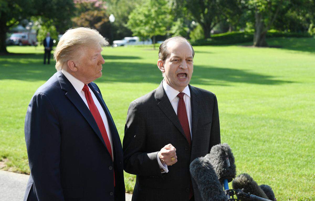 U.S. President Donald Trump stands with Labor Secretary&nbsp;Alex Acosta,&nbsp;who announced his resignation while talking to the media, at the White House on July 12, 2019 in Washington, DC. Photo by Olivier Douliery/Abaca/Sipa USA