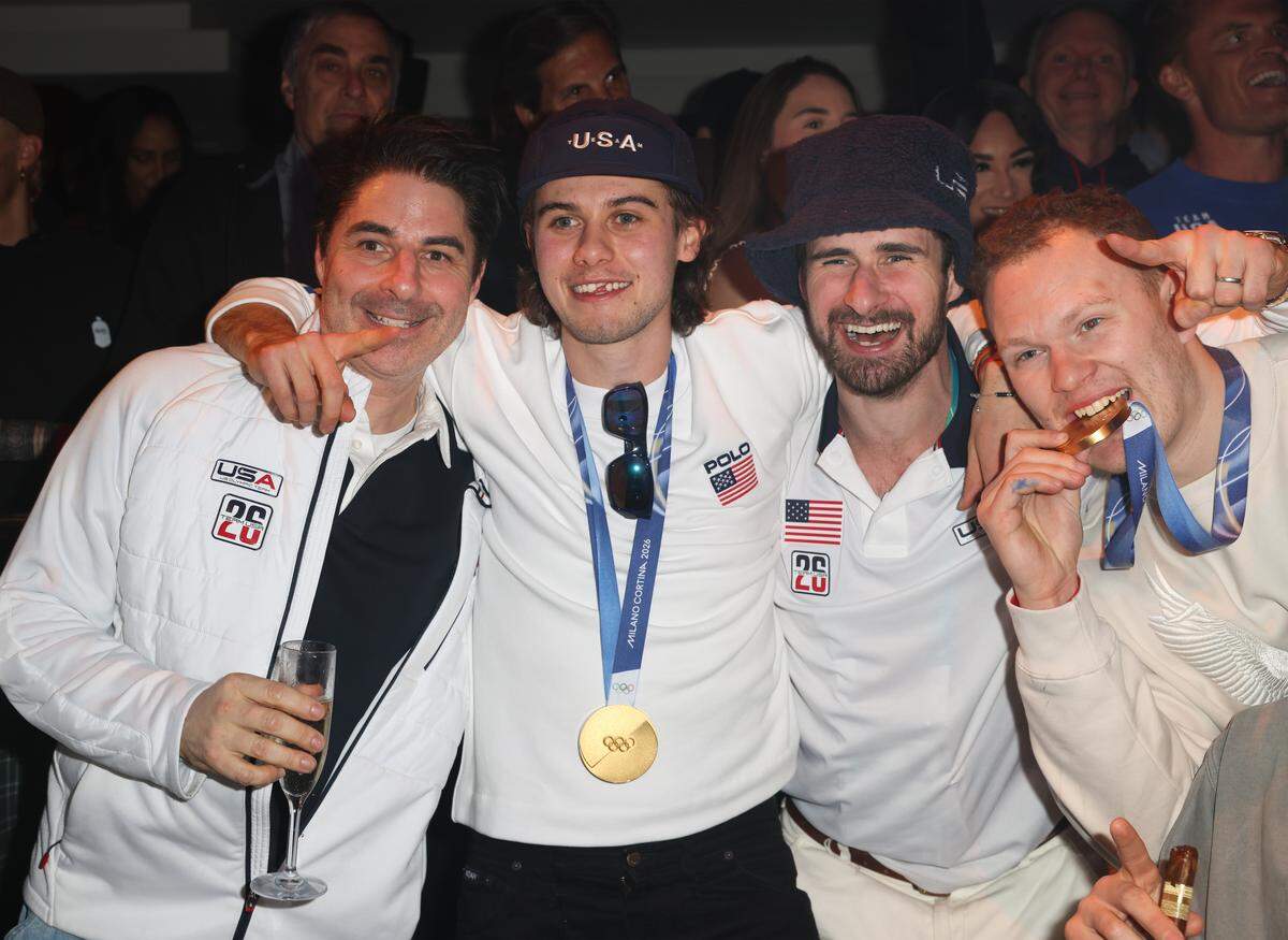 MIAMI, FLORIDA - FEBRUARY 23: Jack Hughes, Dylan Larkin, and Brady Tkachuk attend a celebration of the USA Men's Hockey Team's Olympic Gold at E11EVEN Miami on February 23, 2026 in Miami, Florida.  (Photo by Alexander Tamargo/Getty Images for E11EVEN Miami)