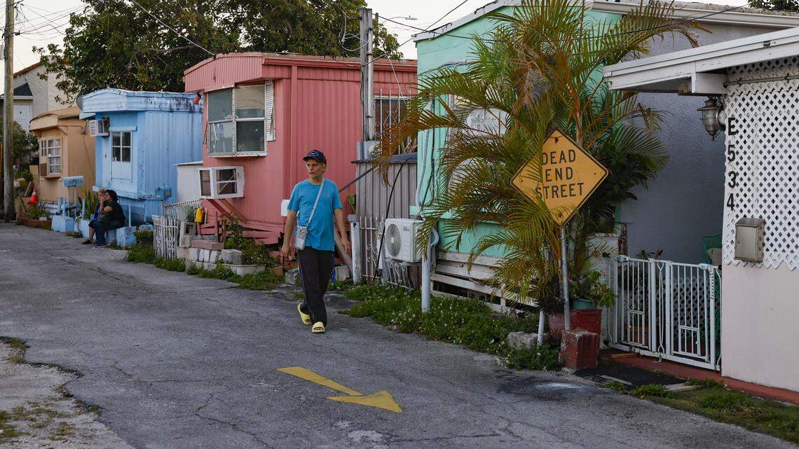 Tenant, Joseph Madera, 46, walks through Little Havana's Silver Court Mobile Home Park in Miami, Florida, on Friday, April 17, 2026. The trailer park is closing and 200 families will soon be evicted to make room for development.