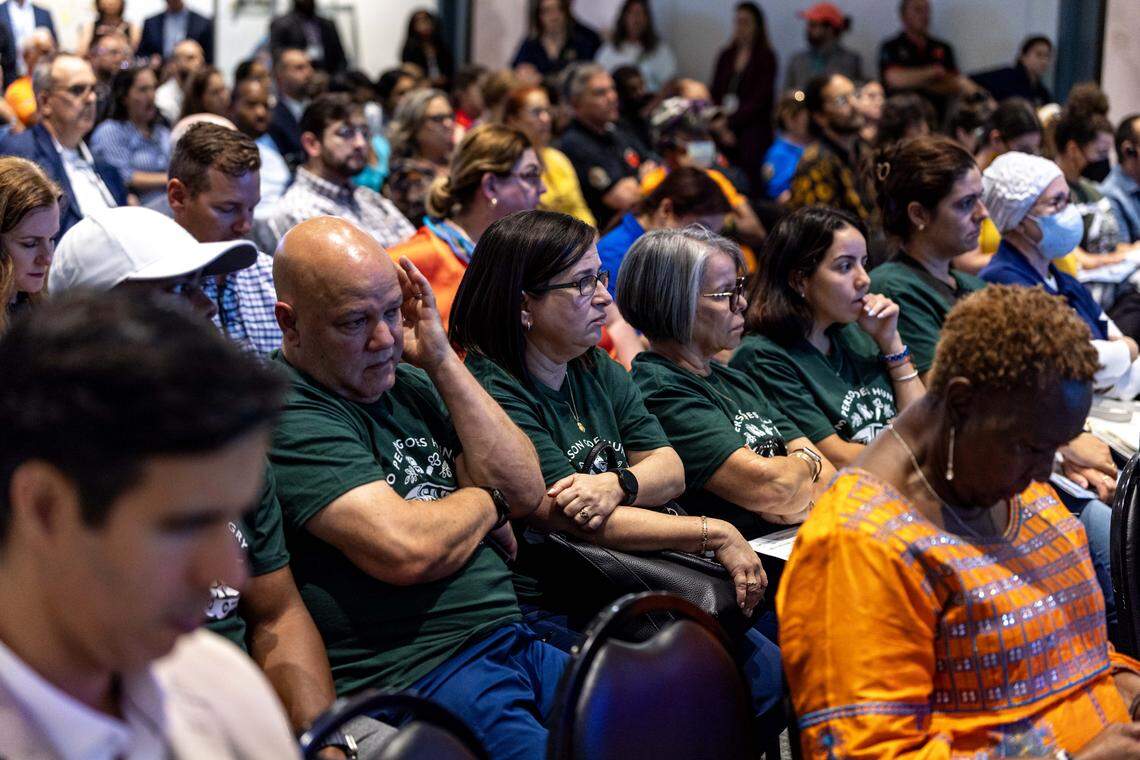 Members of the public listen to Mayor Daniella Levine Cava during a town hall to present the 2026 budget proposal at the Ava Parks McCabe Auditorium inside the Miami-Dade Main Library on Thursday, July 31, 2025, in Miami, Fla.