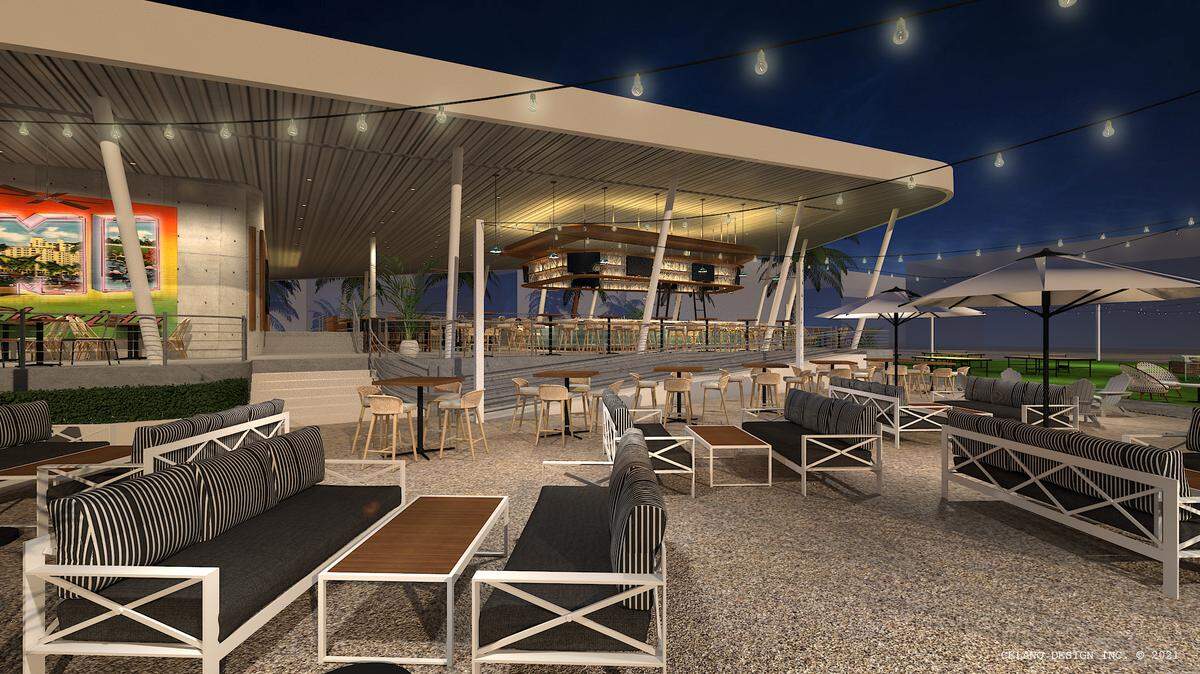 A rendering shows the patio at Bayshore Club, scheduled to open in winter 2021.