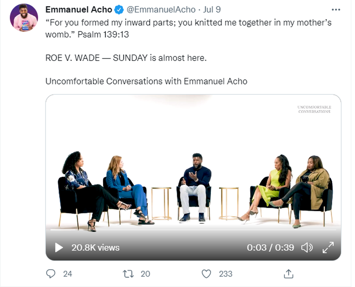 Former Dolphins cheerleader MJ Acosta-Ruiz and Olympic gold medalist Sanya Richards-Ross were two of the guests discussing abortion on Emmanuel Acho’s “Uncomfortable Conversations,” YouTube show in the wake of the United States Supreme Court’s June decision to overturn Roe v. Wade.