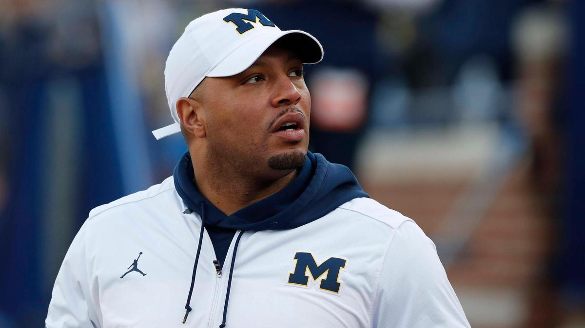 FILE - In this Saturday, April 13, 2019 file photo, Michigan offensive coordinator Josh Gattis during the team’s annual spring NCAA college football game in Ann Arbor, Mich. Gattis is perhaps the most intriguing new offensive coordinator in the country as Jim Harbaugh seems to be ceding control in favor of a more modern approach. It’s not as if the Wolverines weren’t running spread elements and run-pass options last season with quarterback Shea Patterson. But bringing in Gattis suggests a more immersive approach.(AP Photo/Carlos Osorio, File)