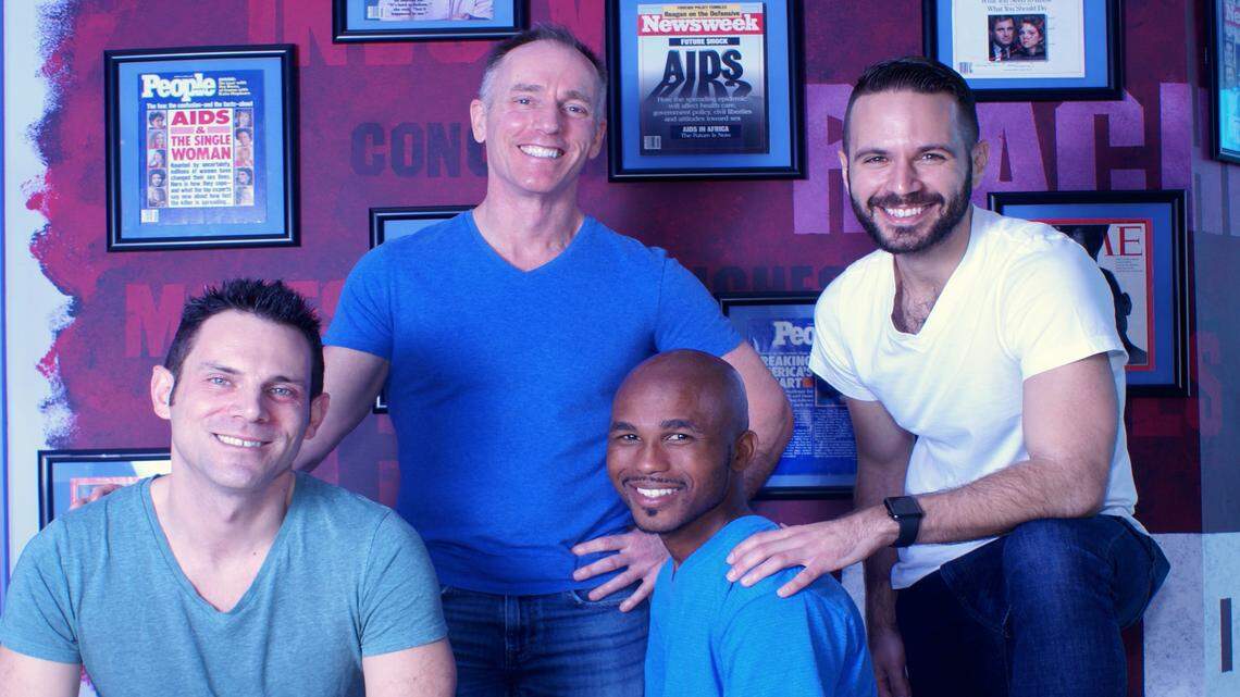 Clockwise from top: Dr. Stephen Fallon and Juan Oves Jr. of Latinos Salud; Pridelines volunteer Christophe’ Moore; and John Byrne, publisher of RawStory.com, at The World AIDS Museum and Education Center in Wilton Manors.
