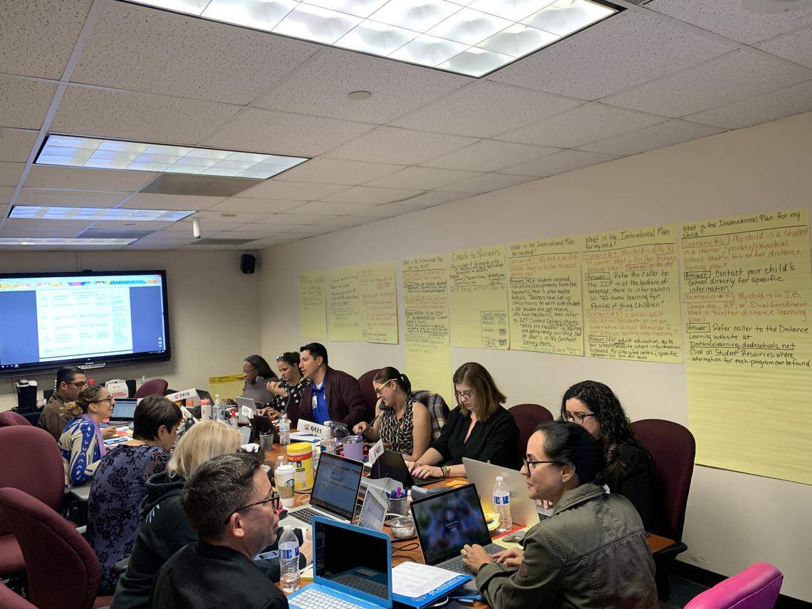 Administrators from Miami-Dade County Public Schools’ Office of Academics and Transformation are working as help desk operators as the district transitions to remote online classes. Schools across the state will officially go online March 30 as schools are closed due to the coronavirus pandemic.