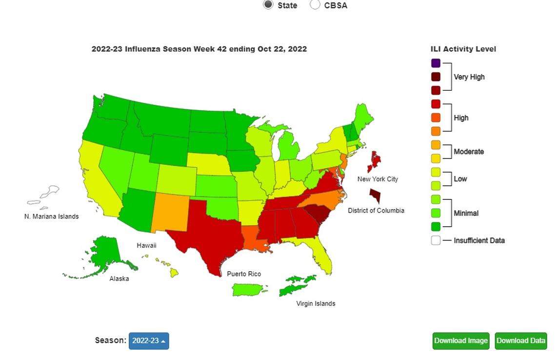 The 2022-23 Influenza Season Week 42 report map ending Oct. 22, 2022, provided by the Centers for Disease Control and Prevention shows the activity level of flu and influenza nationwide. Florida’s activity level was still in the upper part of the low range. But activity is increasing in parts of the state according to the Florida Department of Health.