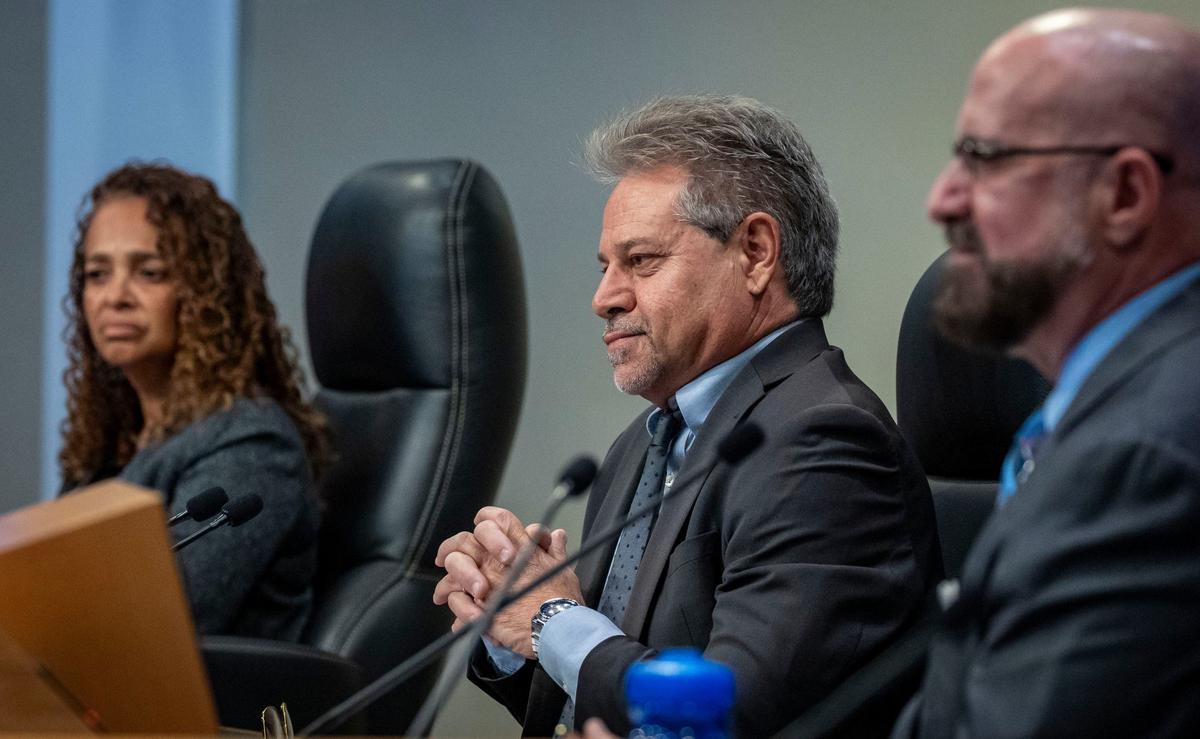 Miami City Commissioners Christine King, Miguel Angel Gabela and Damian Pardo listen to speakers during the public comments portion of a commission meeting on May 23, 2024.