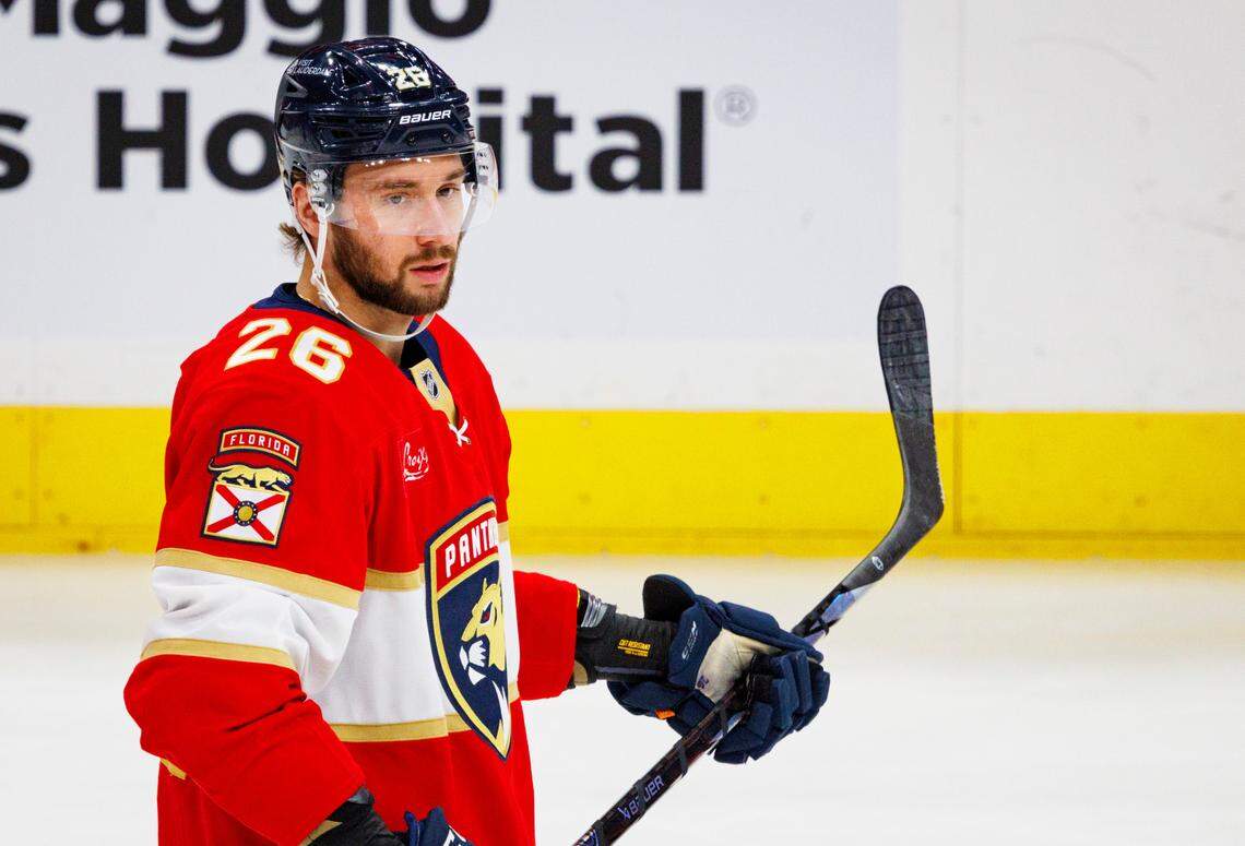 Florida Panthers defenseman Uvis Balinskis (26) runs drills during warmups before a game on Thursday, Oct. 17, 2024, at Amerant Bank Arena in Sunrise, Fla.