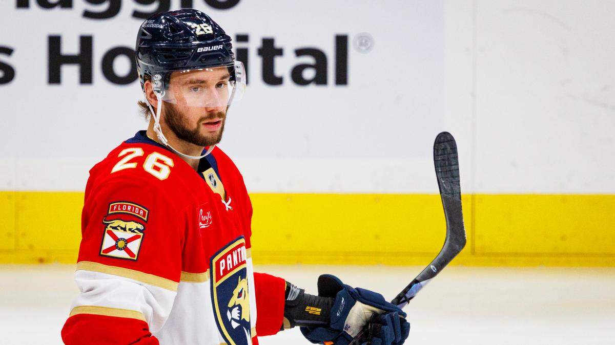 Florida Panthers defenseman Uvis Balinskis (26) runs drills during warmups before a game on Thursday, Oct. 17, 2024, at Amerant Bank Arena in Sunrise, Fla.