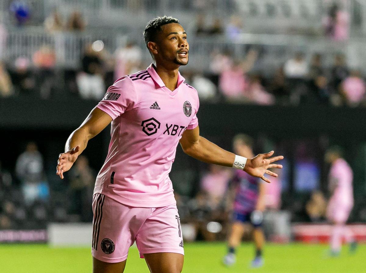 Inter Miami forward Ariel Lassiter celebrates after scoring a goal in the 45th minute against South Georgia Tormenta. Lassiter added a second goal in the 83rd minute.