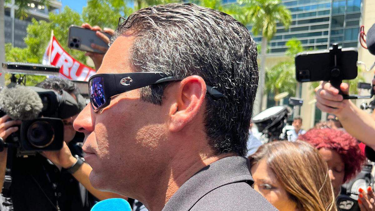 Miami Mayor Francis Suarez makes his way through the crowd outside the Miami federal courthouse where former President Donald Trump was being arraigned on Tuesday, June 13, 2023.