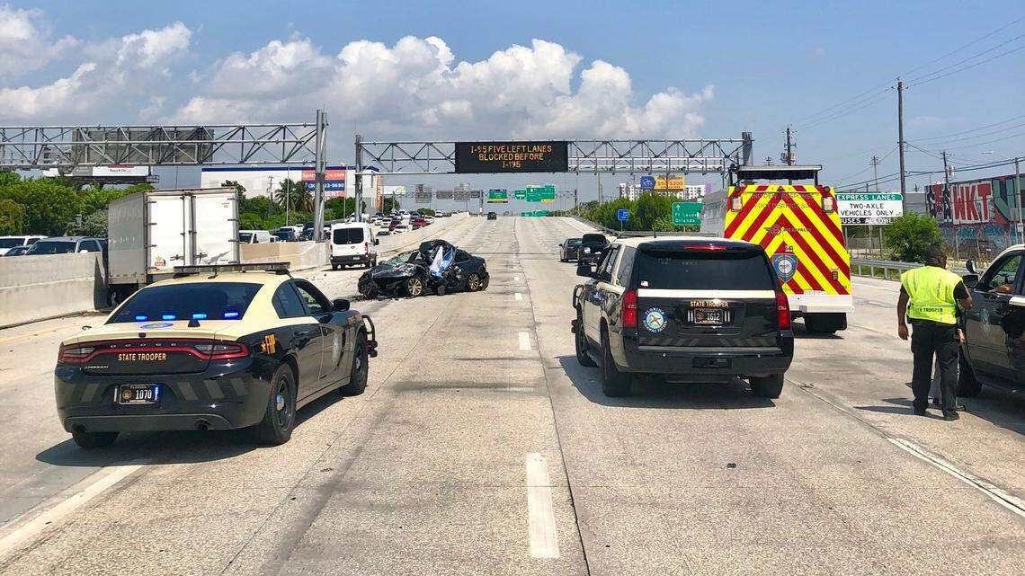 The Florida Highway Patrol is investigating after a car slammed into a stopped box truck Sept. 10, 2021, on Interstate 95 near State Road 836. Northbound lanes were closed.