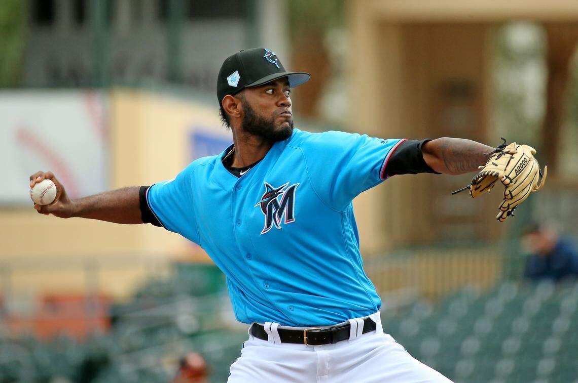 Miami Marlins pitcher Tayron Guerrero (56) pitches during the fourth inning of a Major League Baseball spring training game against the Houston Astros at Roger Dean Chevrolet Stadium on Tuesday, February 26, 2019 in Jupiter, FL .