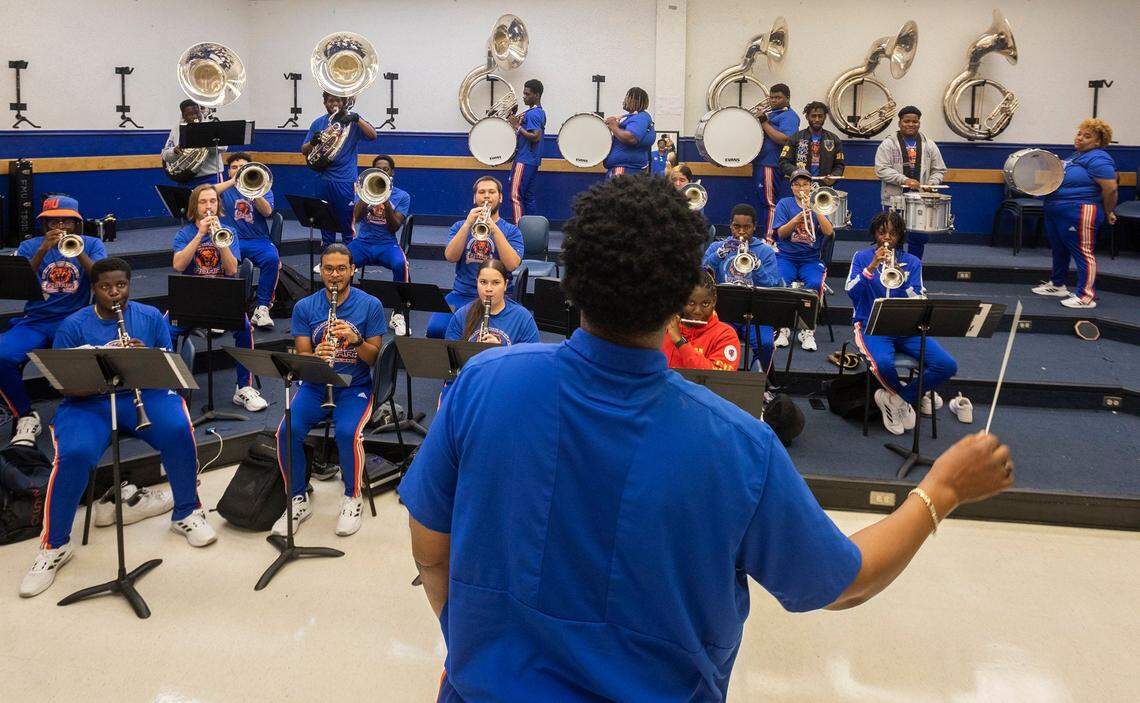 Richard Beckford, the director of bands at Florida Memorial University, speaks to students during a rehearsal on Friday, June 9, 2023 in Miami Gardens, Florida.