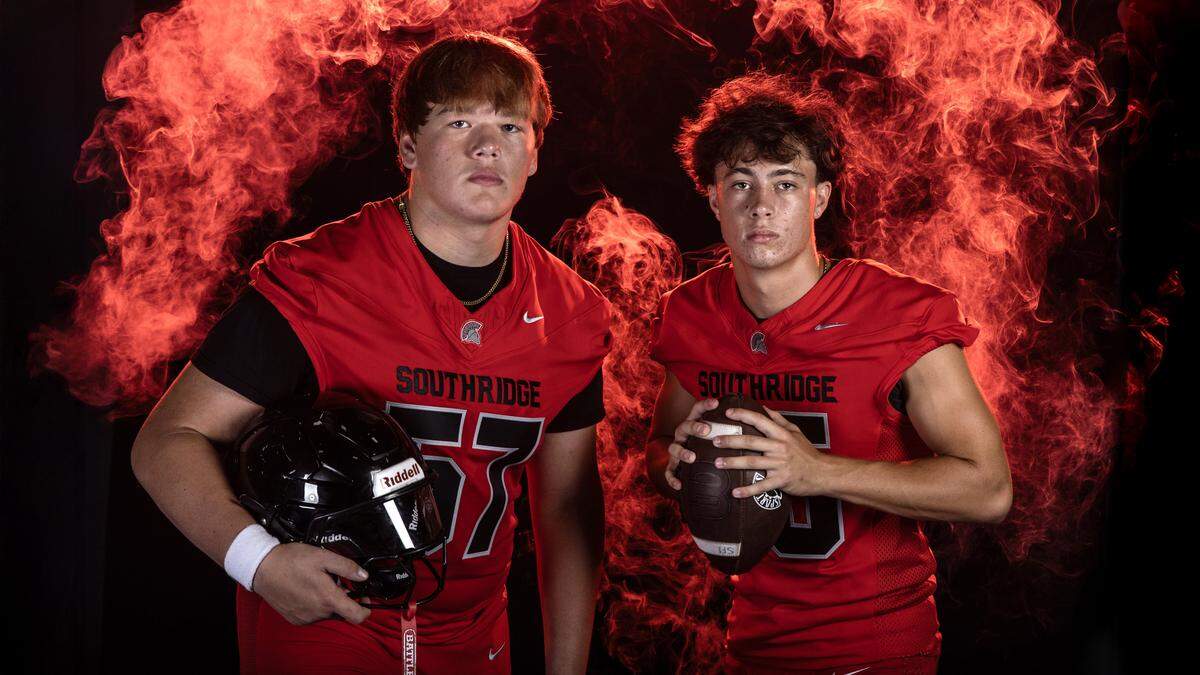 Southridge High School Spartans center Ryan Miret and quarterback James Perrone strike a pose during High School Football Media Day in Deerfield Beach, Florida on Saturday, August 2, 2025.
