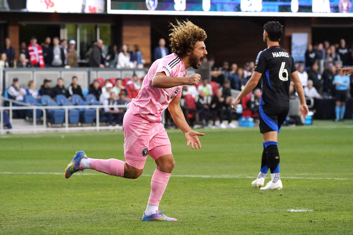 May 14, 2025; San Jose, California, USA; Inter Miami CF defender Maximiliano Falcon celebrates after scoring a goal in the first half against the San Jose Earthquakers at PayPal Park. Mandatory Credit: David Gonzales-Imagn Images