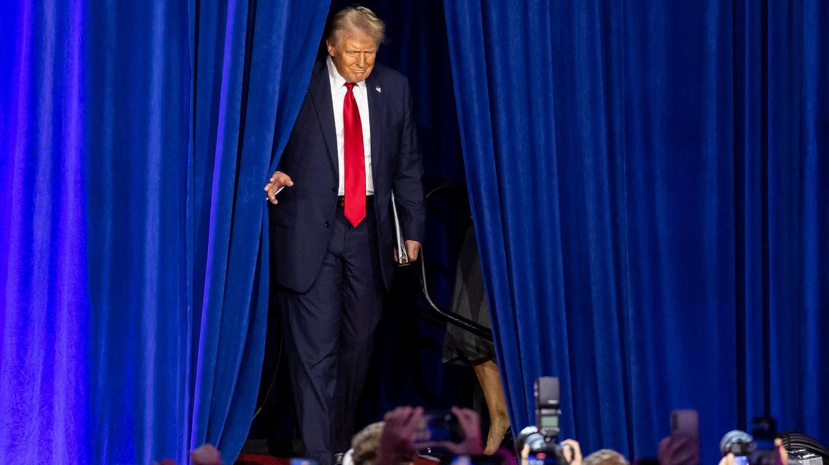 Republican presidential nominee former President Donald Trump arrives to his election night party at the Palm Beach County Convention Center on Tuesday, Nov. 5, 2024, in West Palm Beach, Fla.