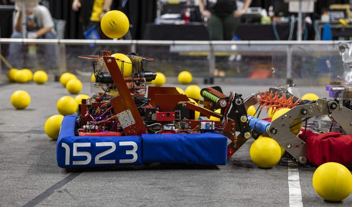 William T. Dwyer High School students with Team 1523 MARS (Mega Awesome Robotic Systems) participate in the 2026 FIRST Robotics South Florida Regional Competition at the University of Miami’s Watsco Center on Friday, April 10, 2026, in Coral Gables, Fla. Participants from local school districts, surrounding states, and international teams are competing for an opportunity to earn a spot at the 2026 FIRST World Championship.