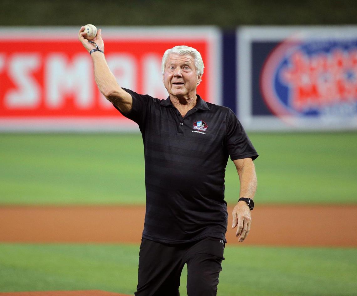 Pro Football Hall of Fame coach Jimmy Johnson throws the first pitch before the start of the game between the Miami Marlins and Atlanta Braves at loanDepot Park in Miami on Saturday, August 13, 2022.