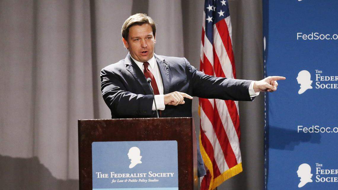 Florida Gov. Ron DeSantis gives remarks during a conference of Florida chapters of The Federalist Society held at Disney’s Yacht and Beach Club Resorts in Lake Buena Vista, Fla., on Friday, Jan. 31, 2020.