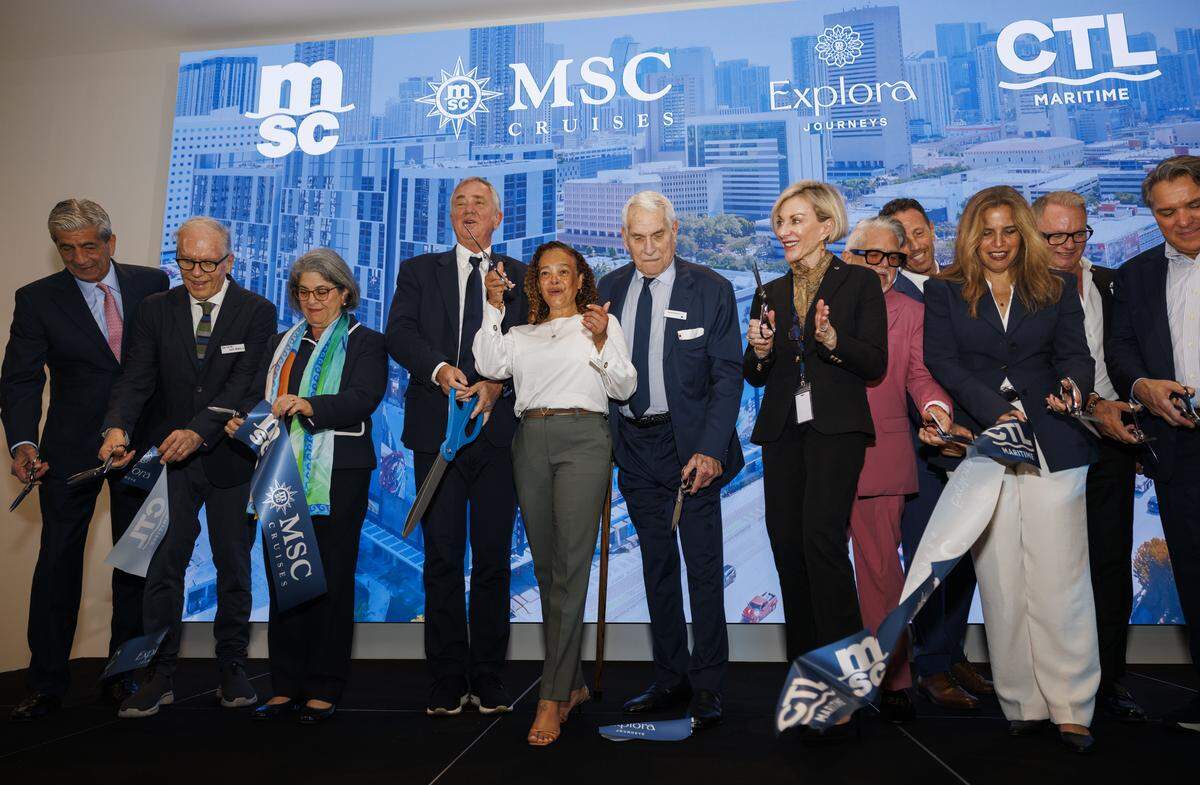 Local government officials and MSC Group executives cut the ribbon during a ceremony at the company’s new headquarters for its North American cruise division on Monday, Jan. 26, 2026, at Block 55 at Sawyer's Walk in Miami, Fla.
