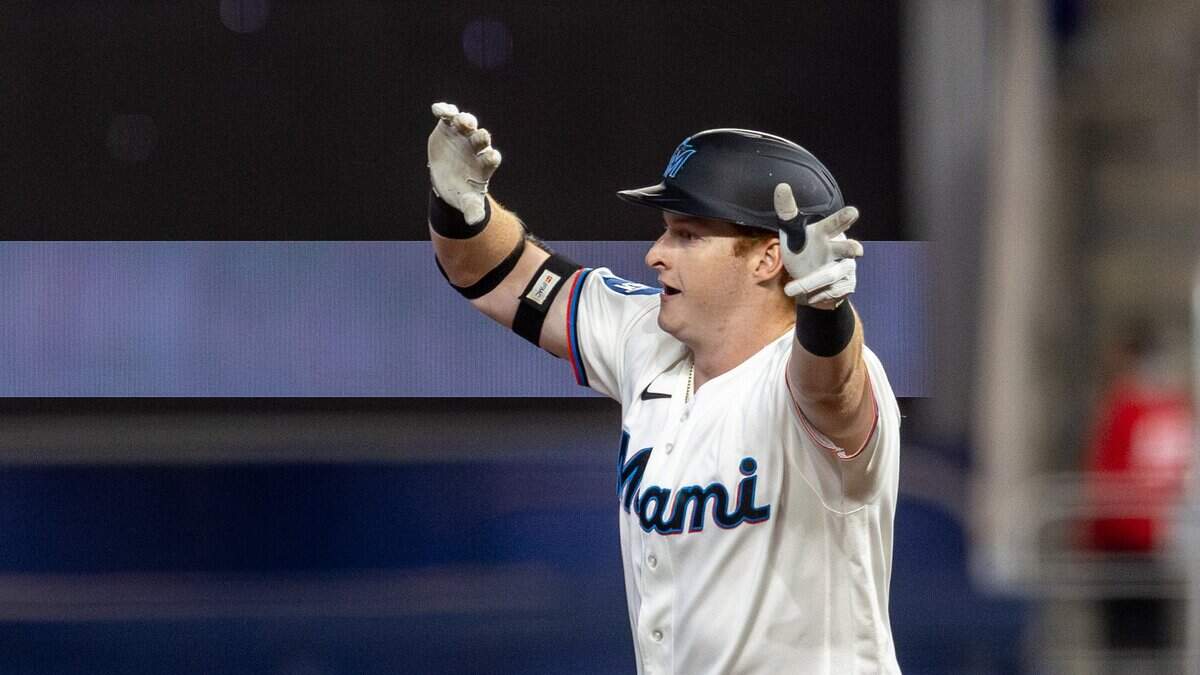 Miami Marlins right fielder Owen Caissie (17) celebrates a home run against the Cleveland Guardians in the second inning of their MLB game at loanDepot park on Tuesday, July 7, 2026, in Miami, Fla.