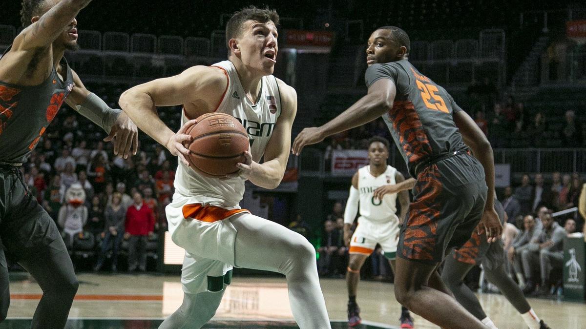 Miami Hurricanes guard Dejan Vasiljevic (1) gets inside the paint in the first half as the Miami Hurricanes host the Clemson Tigers in Coral Gables on Wednesday, February 13, 2019. He scored a career-high 22 points.