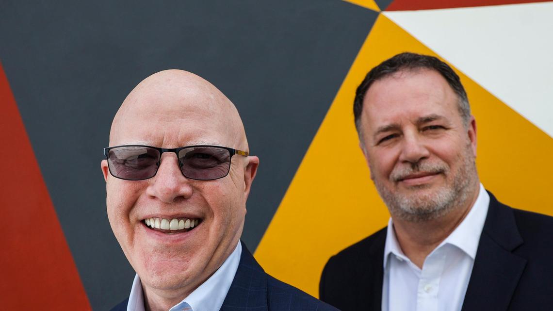 Bank OZK CEO and chairman George Gleason, left, and managing director Greg Newman are photographed at the OZK Wynwood branch in Miami, Florida, on Wednesday, November 13, 2019.