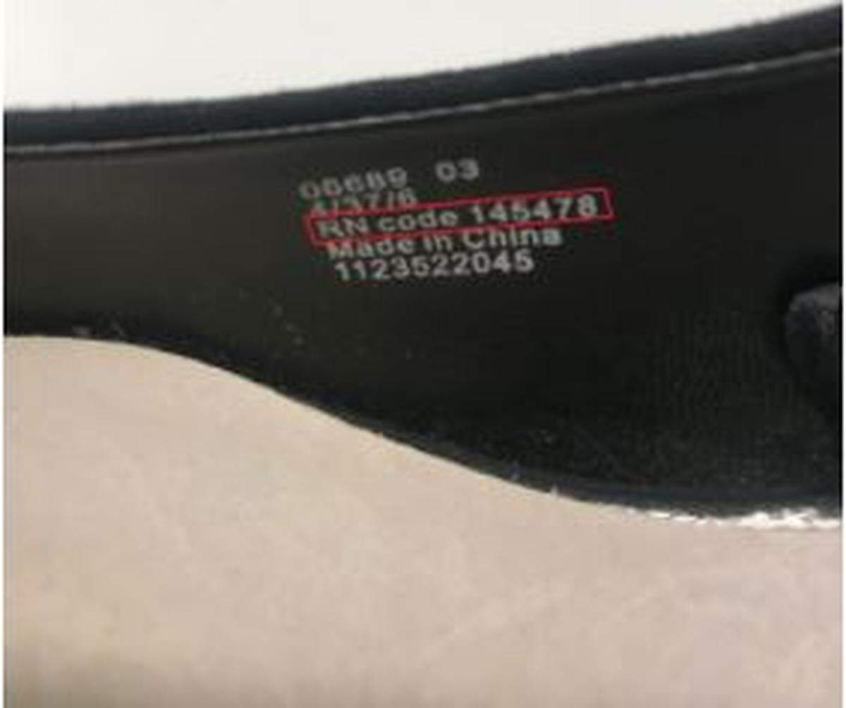 The inside of the shoe, where the product number and RN number are