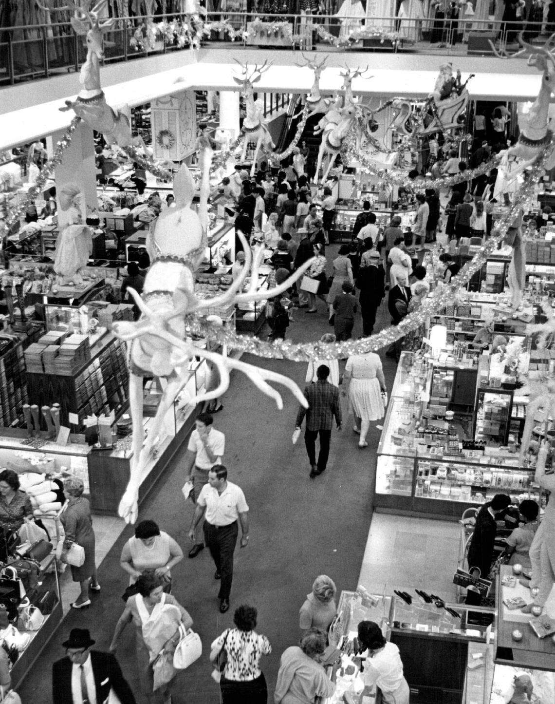 Reindeer over the holiday shoppers at Burdines in 1965.